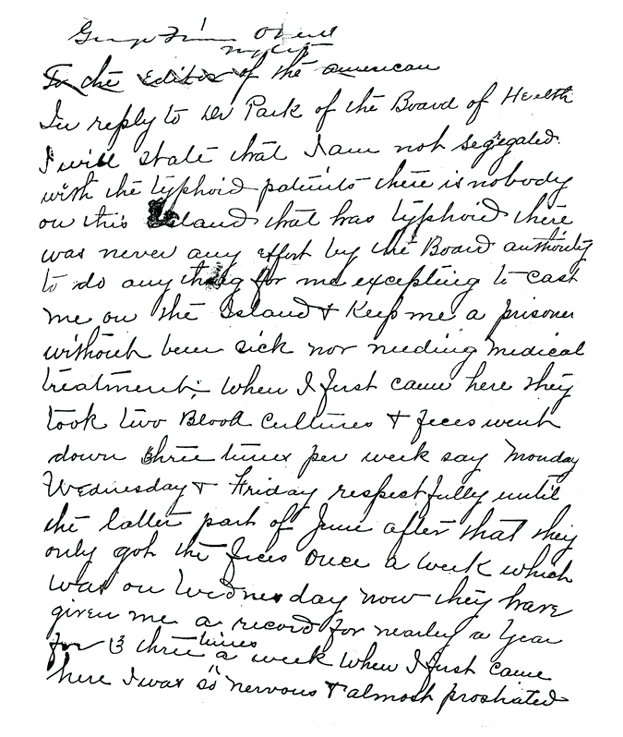 Handwritten letter from Mary Mallon dated June 1909 protesting her detention
